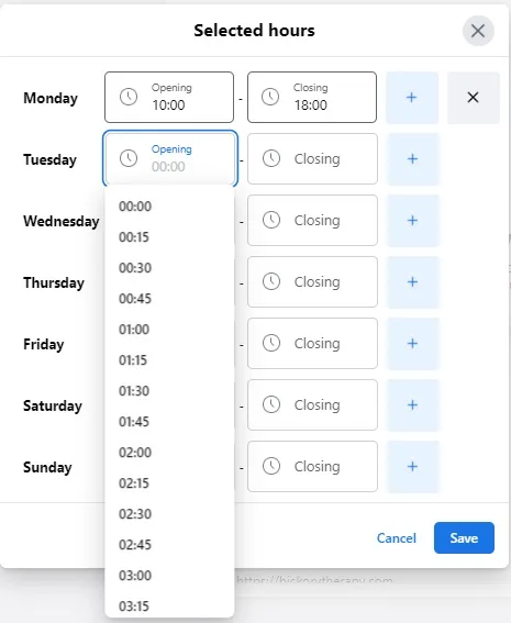 Select the times you work and add them to your therapy practice Facebook page.