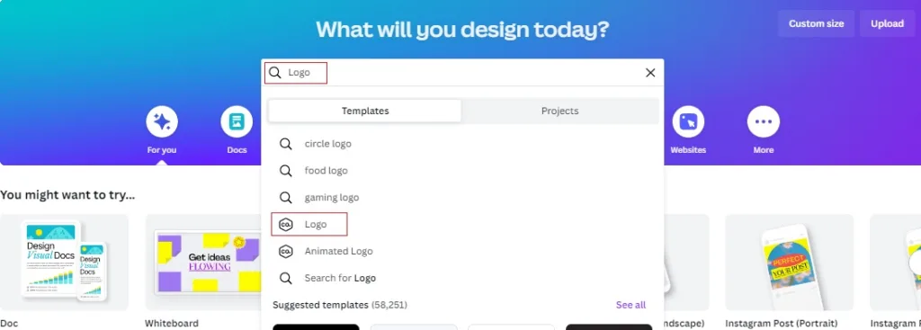 Use the Canva search bar to find logo templates.