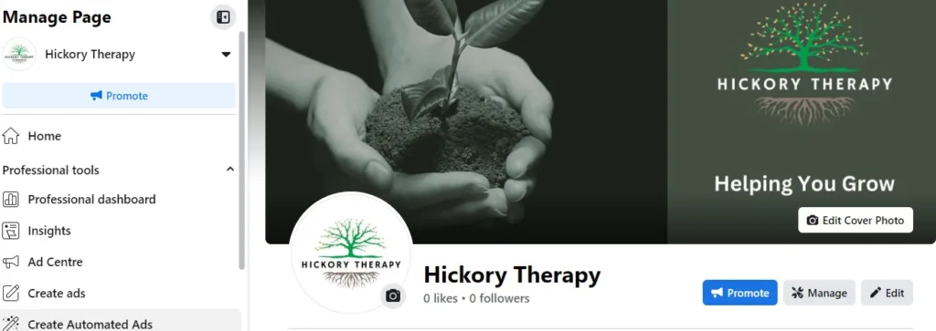 A finished Facebook page for a therapy practice.