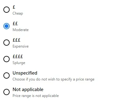 Facebook page price range options.