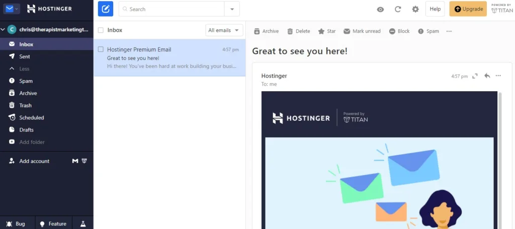 Hostinger's web mail client that you can use with your therapist web hosting plan.