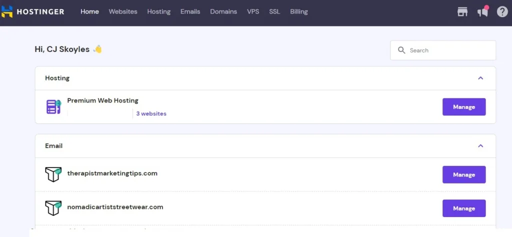 Using Hostinger for therapist web hosting - the dashboard