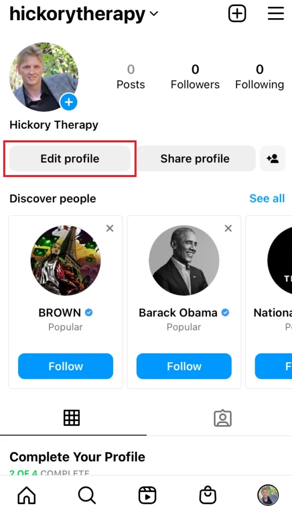 click 'Edit profile' button on your Therapist's Instagram account. 