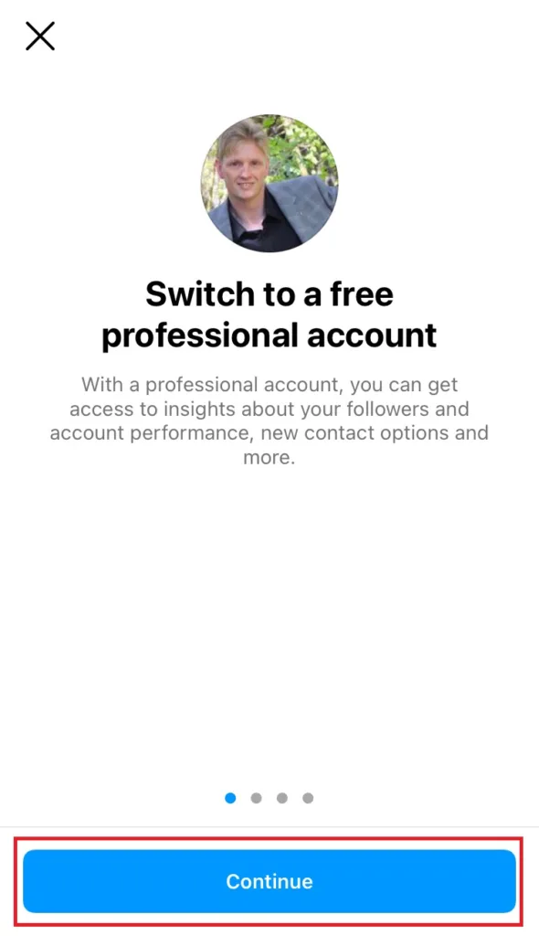 Click 'Continue' to access the professional account settings 