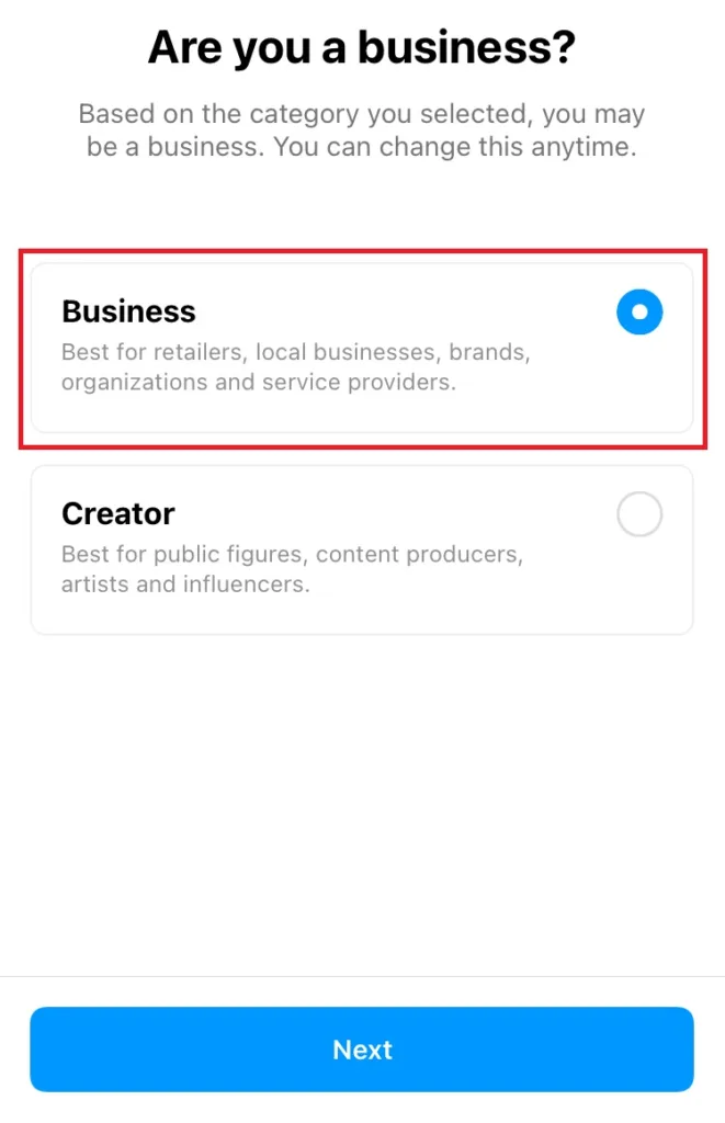 Choose 'business' for your therapy practice Instagram account 