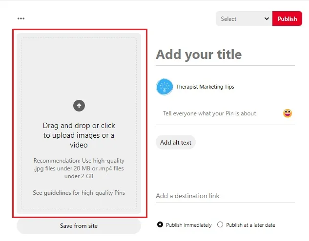 Screenshot showing how to upload a pin to Pinterest