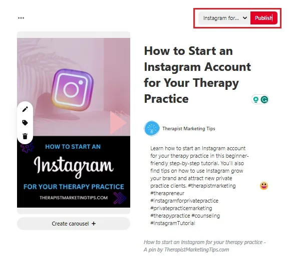 Screenshot showing how to publish a Pinterest pin