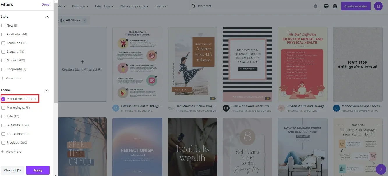 Screenshot for How to Make Pinterest Pins showing template options