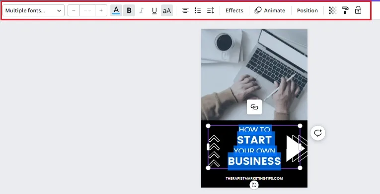 Screenshot showing how to edit text on Canva