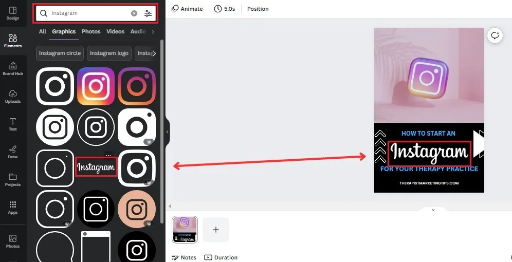 Screenshot showing how to add graphical elements to Canva.