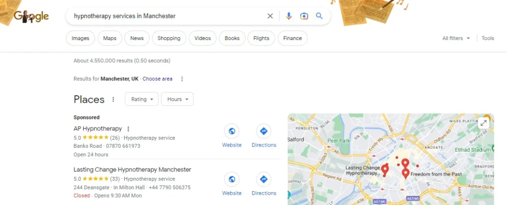 Example of a location-based long-tail keyword for hypnotherapy practices in Manchester, England.