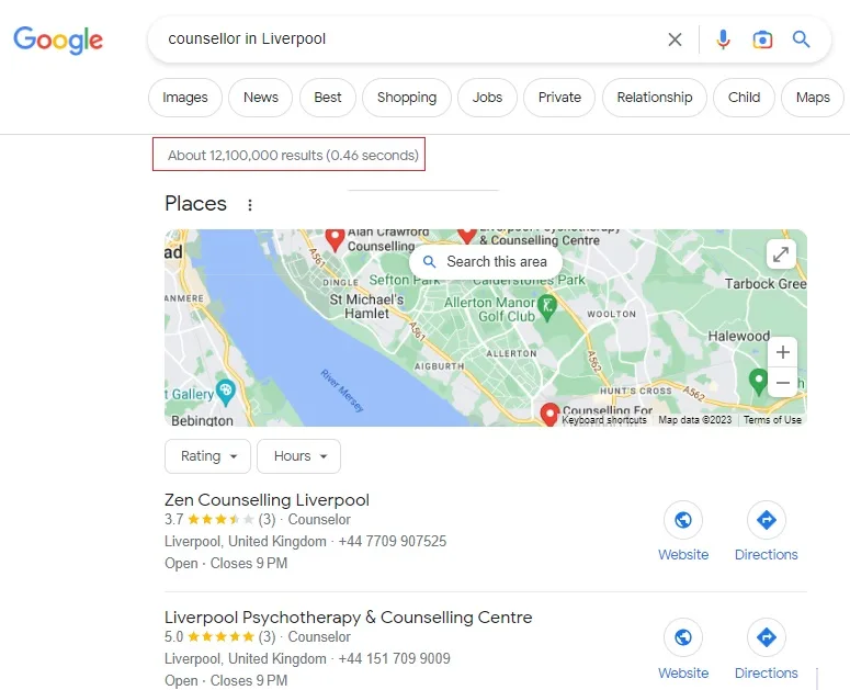 Keyword research for therapists - example of location-based long-tail keywords