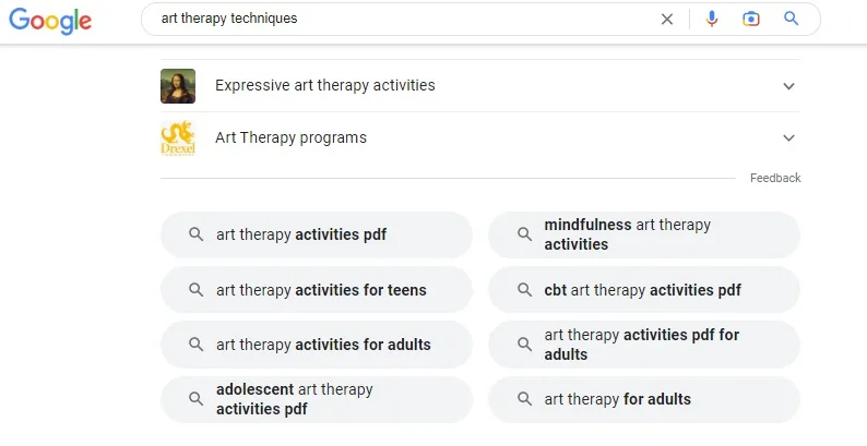 Google Related searches for art therapy activities.