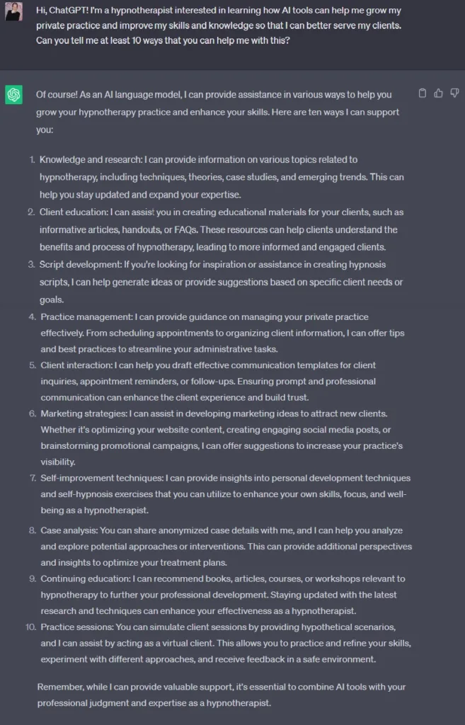 Screenshot showing ChatGPT's response to the question "how can ChatGPT help hypnotherapists?"