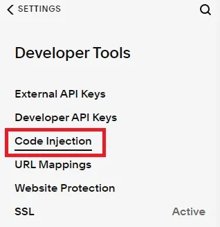 Screenshot showing Code Injection option on Squarespace developer tools. 