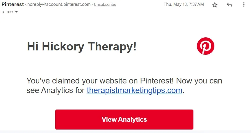 Screenshot showing confirmation email from Pinterest.