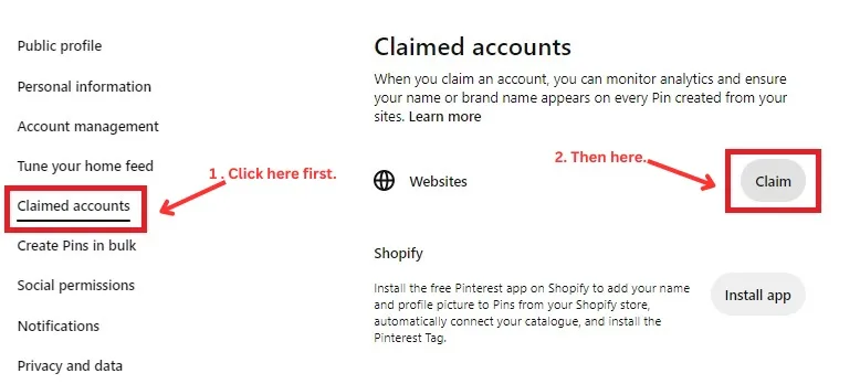 Screenshot showing how to access claimed accounts on Pinterest