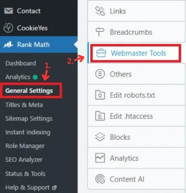 Screenshot showing how to access RankMath webmaster tools. 