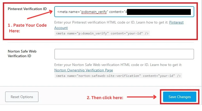 Screenshot showing how to claim your WordPress website on Pinterest