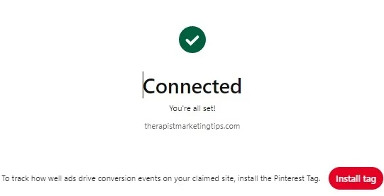 Screenshot showing WordPress successfully connected to Pinterest.