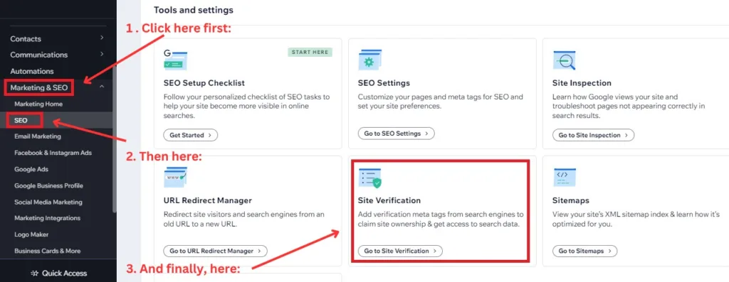 Screenshot showing how to select Site Verification on WIx