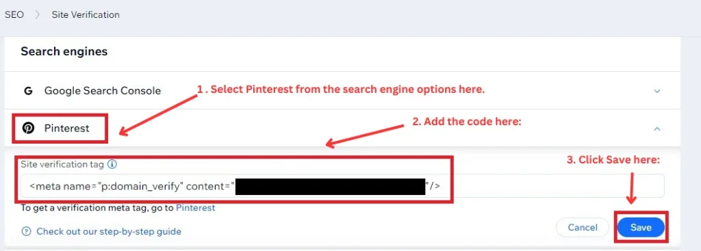 Screenshot showing how to claim your Wix website on Pinterest