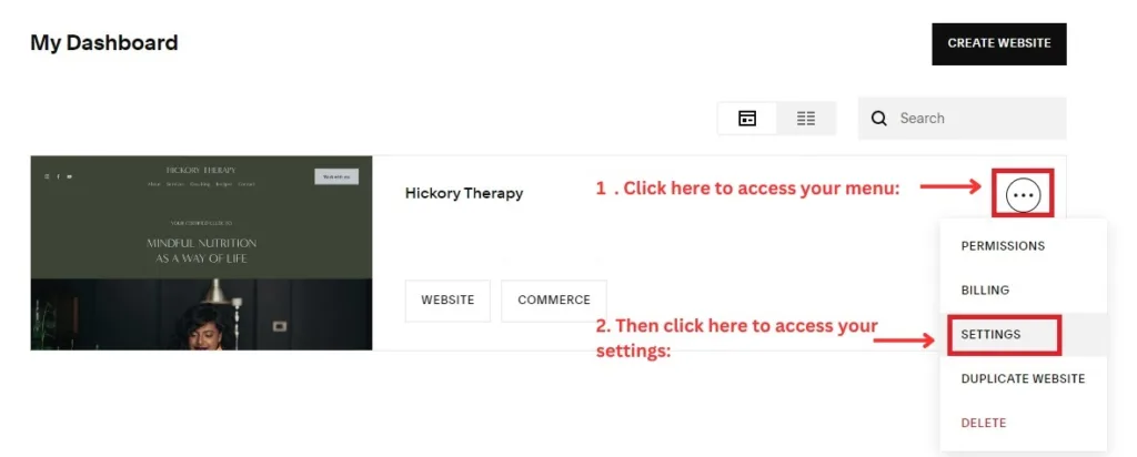 Screenshot showing how to access settings on Squarespace