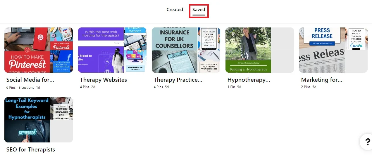 Screenshot showing Therapist Marketing Tips Pinterest boards