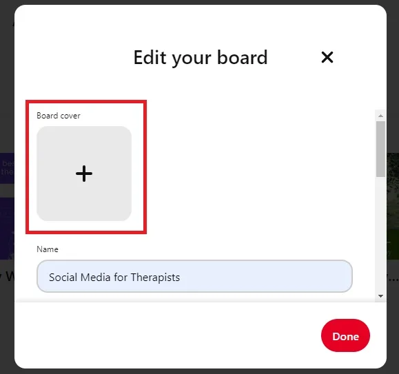 Screenshot showing how to add a cover to a Pinterest board