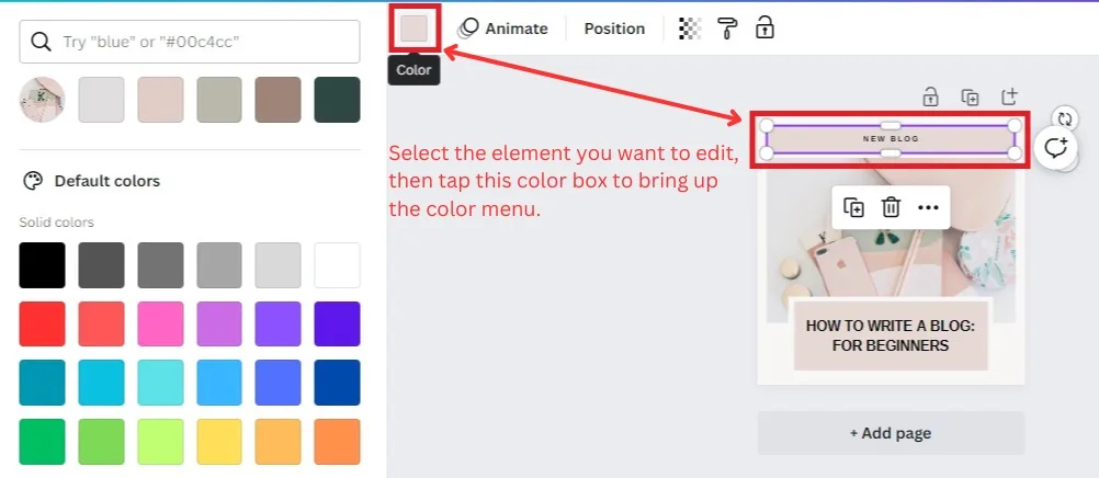 Screenshot showing how to edit element colors on Canva