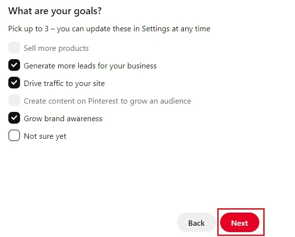 Screenshot showing business goals for Pinterest