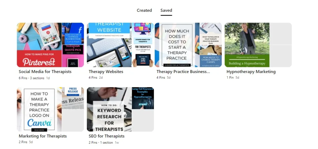 Screenshot showing Pinterest boards without board covers