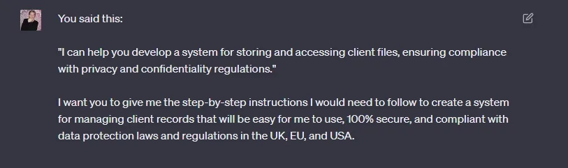 ChatGPT prompt for creating a client record management system. 