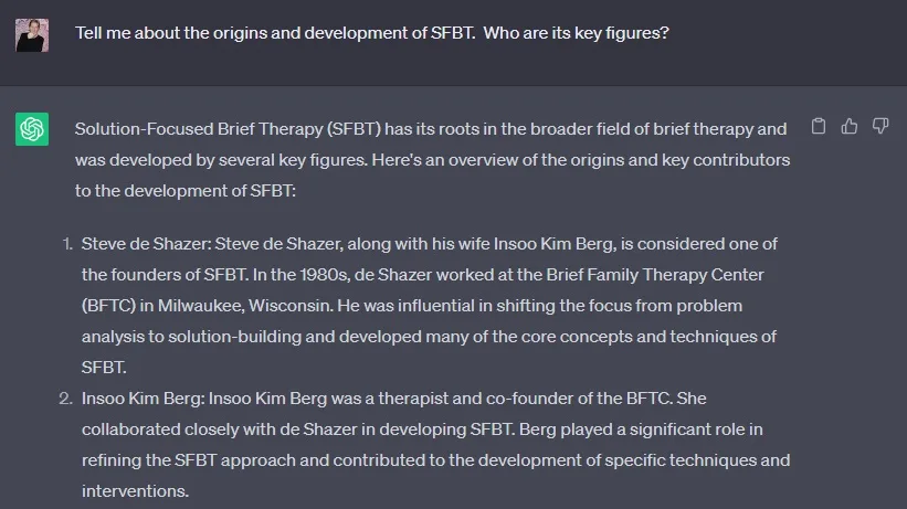 Screenshot of a ChatGPT conversation about the key figures in Solution-Focused Hypnotherapy. 