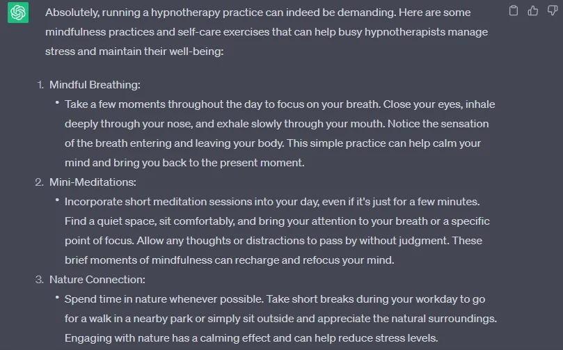 Screenshot showing mindfulness recommendations from ChatGPT