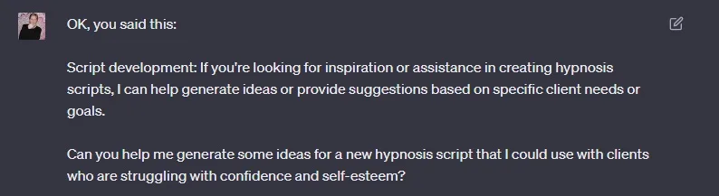 ChatGPT screenshot of a prompt for hypnosis script ideas