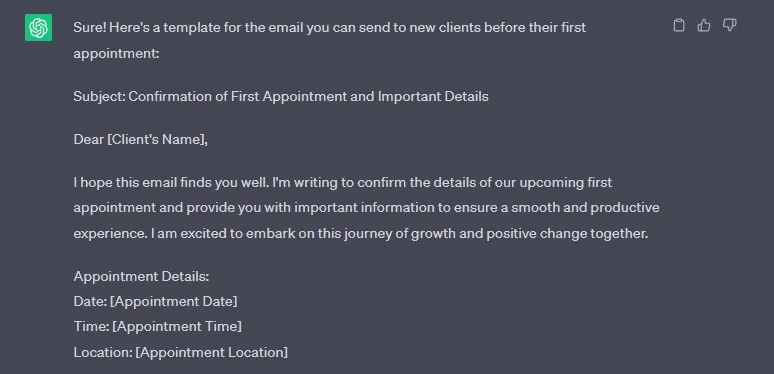 ChatGPT generated therapist client email template 1