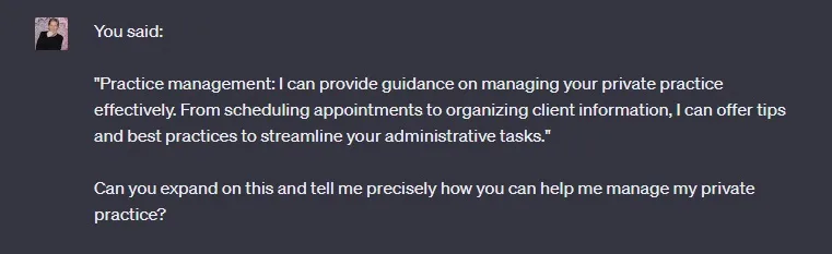 Screenshot of ChatGPT conversation regarding private practice management.