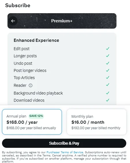 X Premium subscription details 