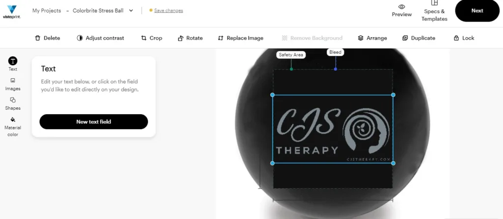 Screenshot from Vistaprint stress ball design