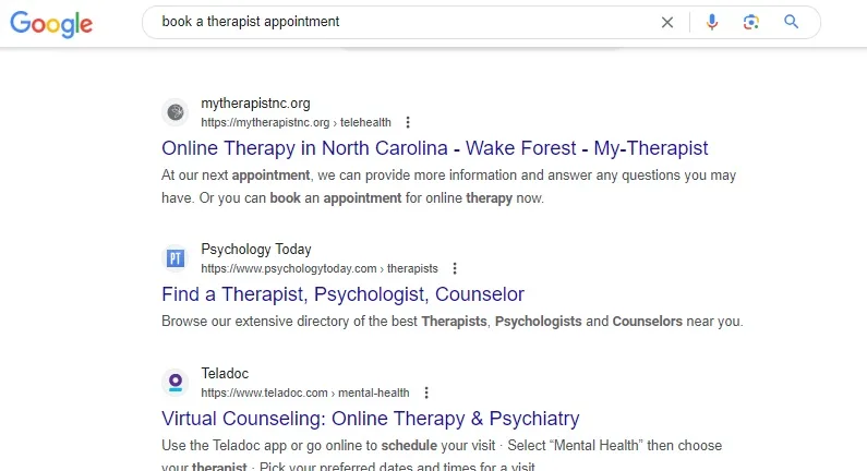 Example of a transactional intent keyword for a therapist