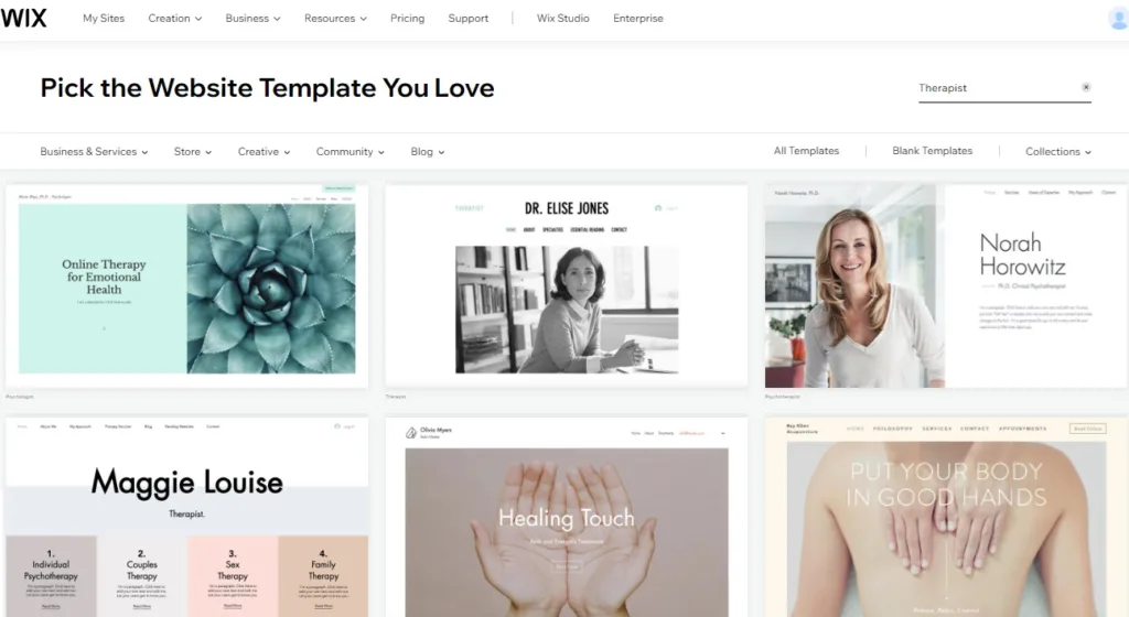 Wix has over 25 free website templates for therapists