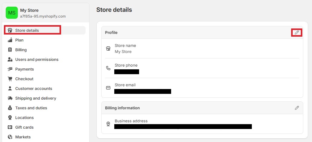 Shopify store settings