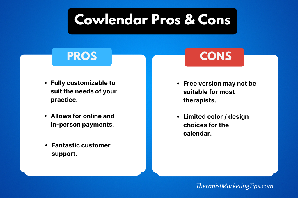 List of pros and cons for the Cowlendar Shopify booking app. 