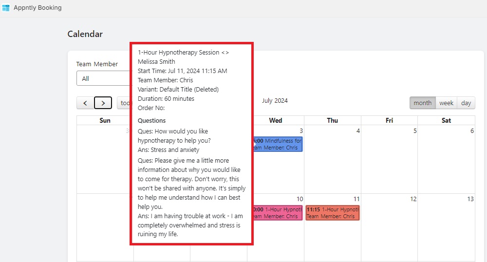 Appointly booking calendar appointment overview.