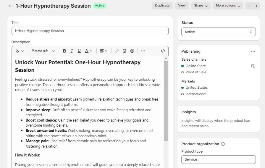 Example of a Shopify product listing for a hypnotherapy session.