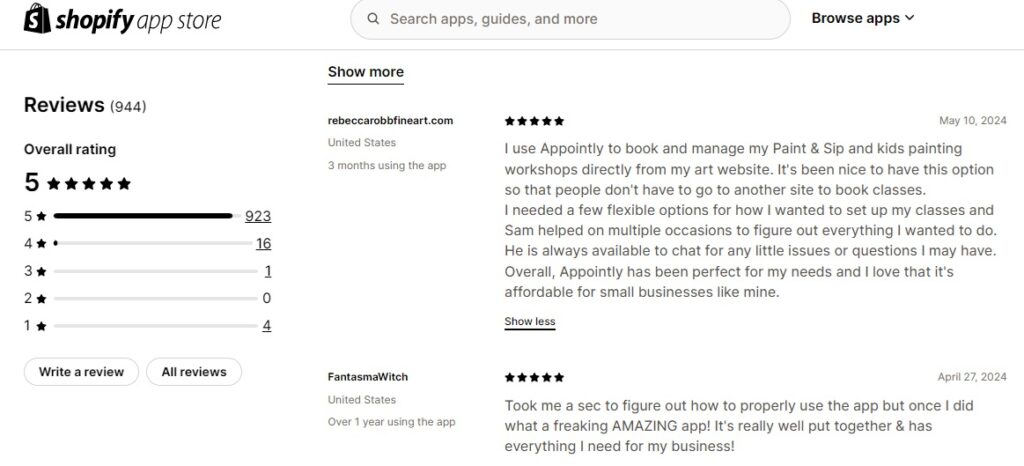 Customer reviews for the Appntly booking app