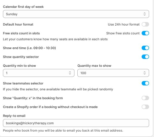 Cowlendar booking app settings.