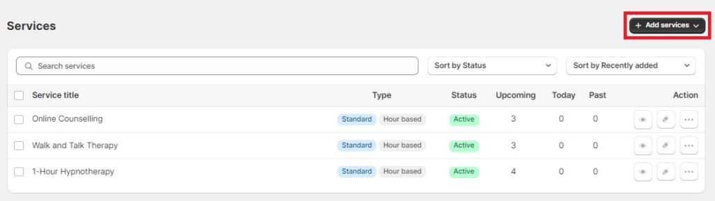 Meety booking app services dashboard.