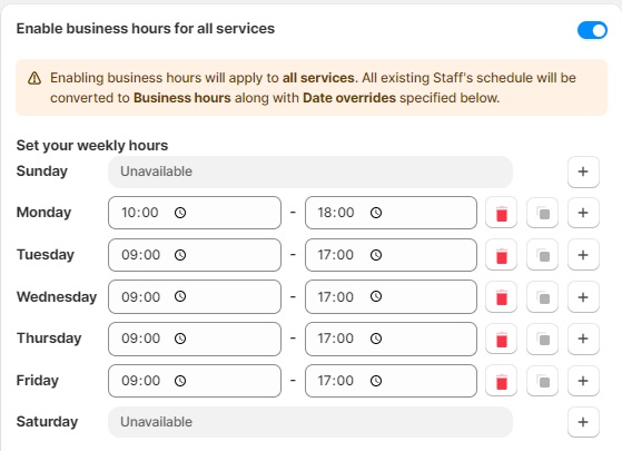 Meety - free Shopify booking app business hours settings.